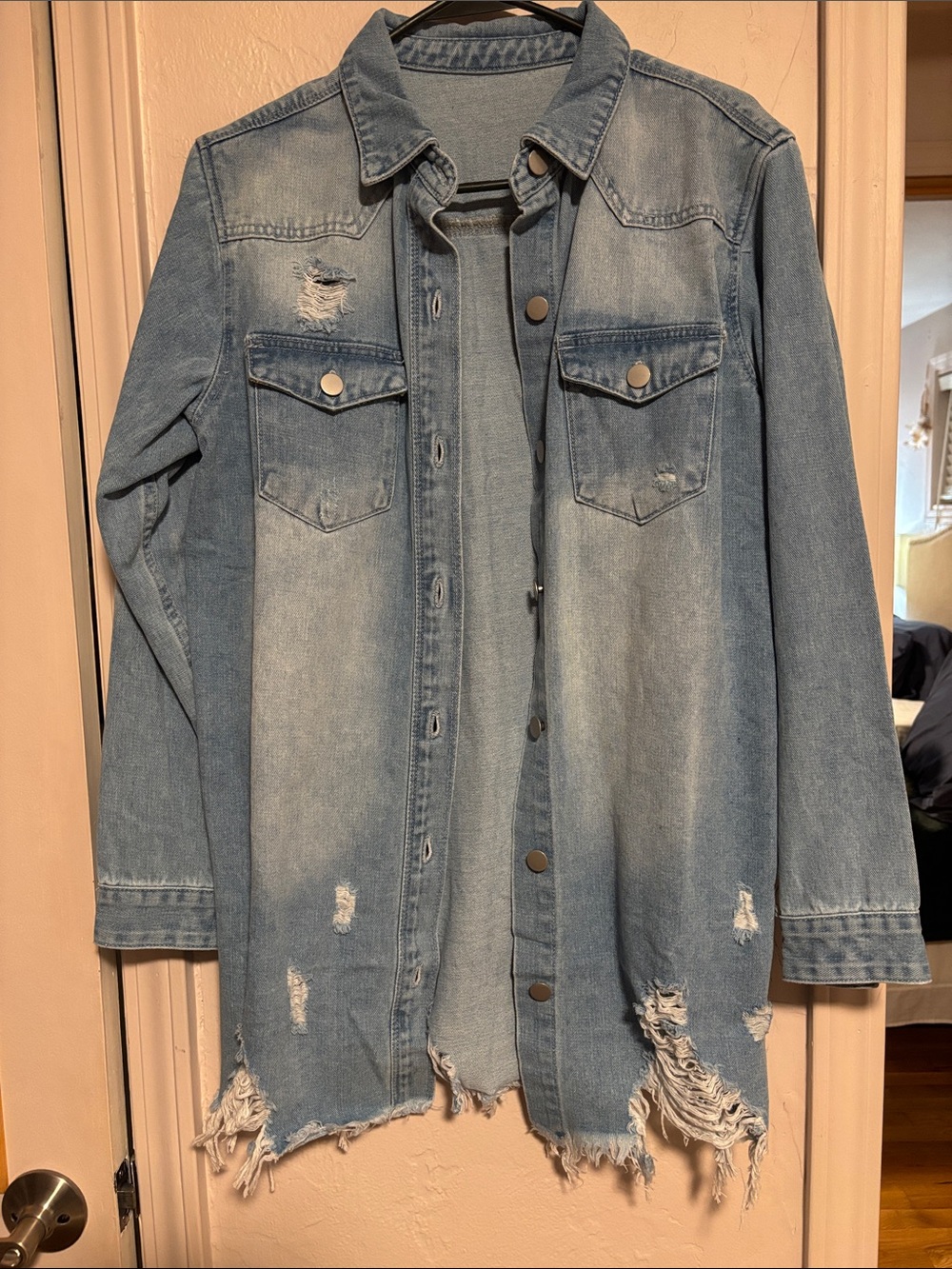Distressed Light Blue Denim Shacket